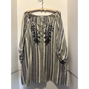 Catherines Plus 2X Boho Peasant Tunic Top Striped Embroidered 100% Cotton Blouse